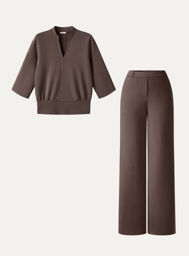 2Pcs Set V-Neck Elbow Sleeve Top & High-Rise Wide Leg Pants with Pockets
