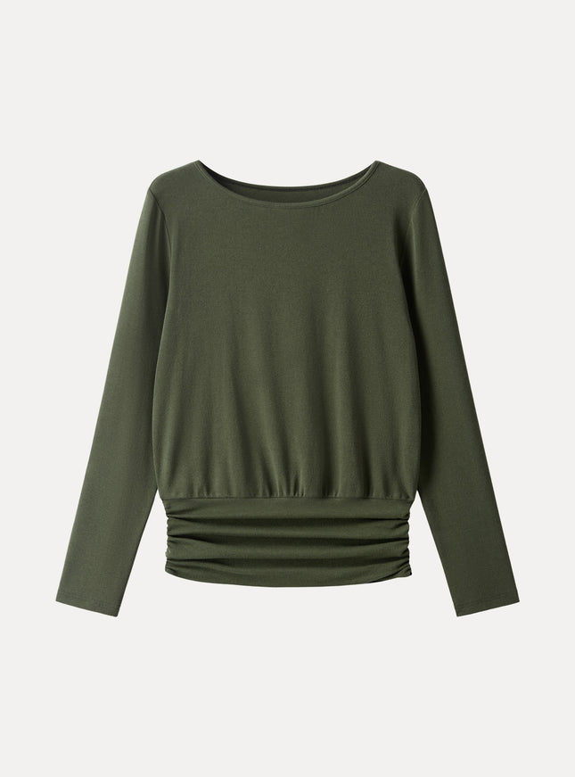 Boatneck Long Sleeve Ruched Banded Hem Top