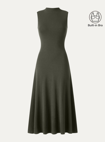 Mock Neck Sleeveless A-Line Midi Built-In Bra Dress