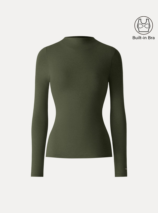 Mockneck Long Sleeve Built-In Bra Top