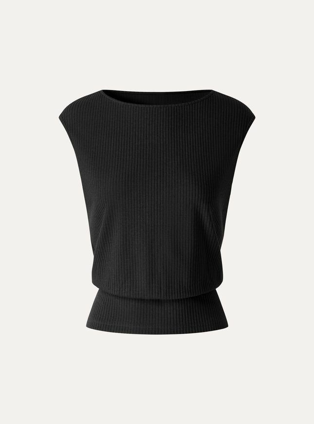Textured Cotton Blend Boatneck Sleeveless Banded Hem Top