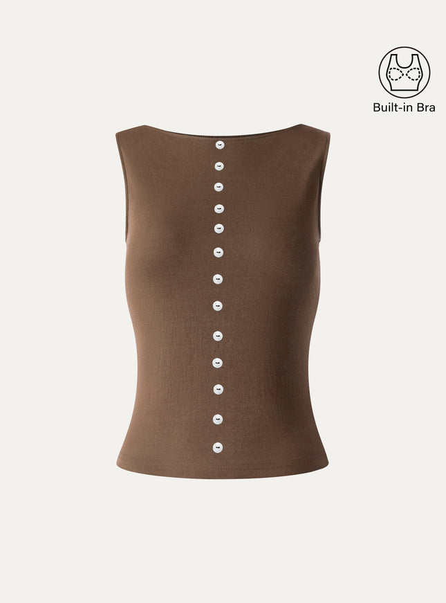 Cotton-Linen Boatneck Cropped Built-In Bra Top