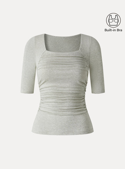 Lyocell-Wool Square Neck Elbow Sleeve Ruched Built-In Bra Top