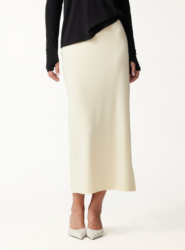2Pcs Set Mock Neck Cap Sleeve Seamed Top & Mid-Rise Column Midi Skirt