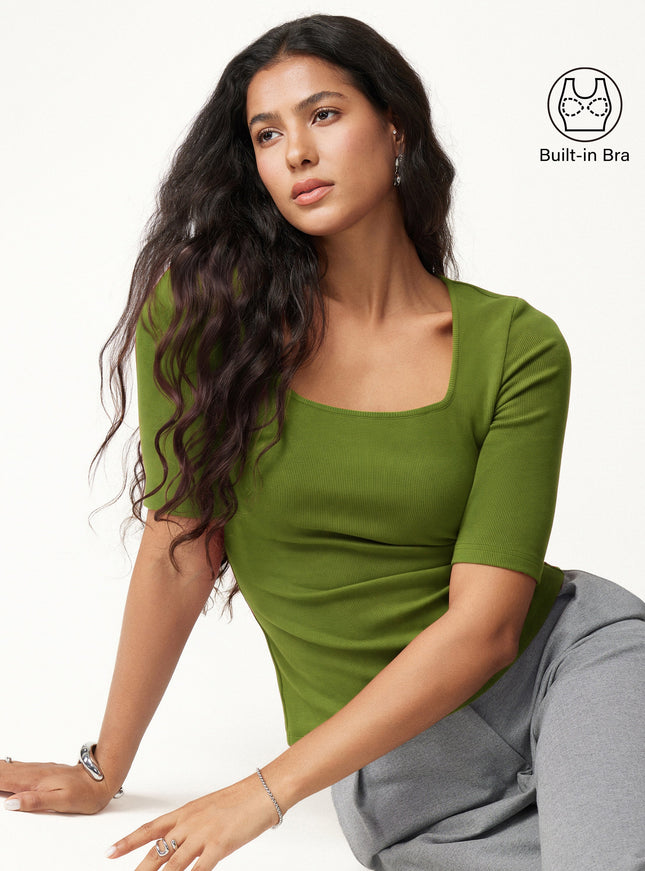 Square Neck Elbow Sleeve Built-In Bra Top