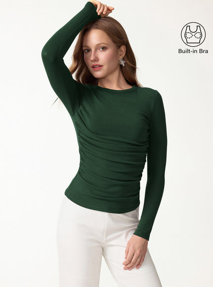 Roundneck Long Sleeve Ruched Built-In Bra Top