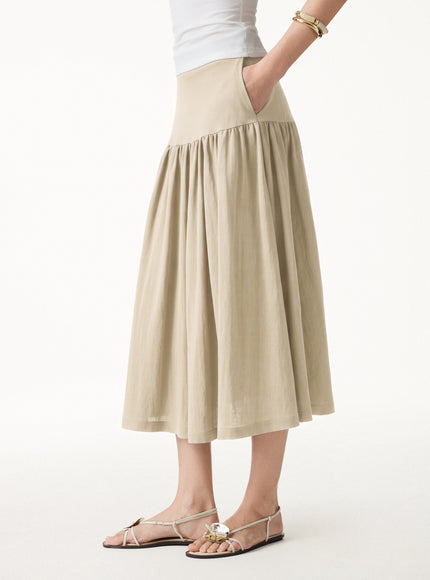 Cotton-Linen Gathered Midi Skirt with Pockets