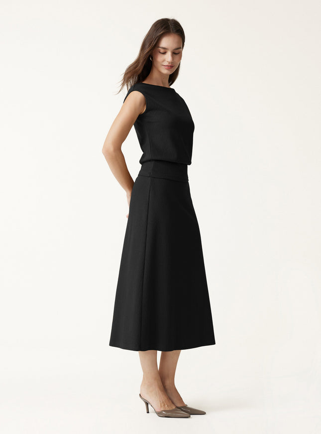 2Pcs Set Boatneck Sleeveless Top & Mid-Rise A-Line Midi Skirt