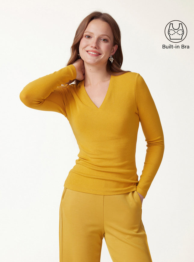 V-Neck Long Sleeve Built-In Bra Top