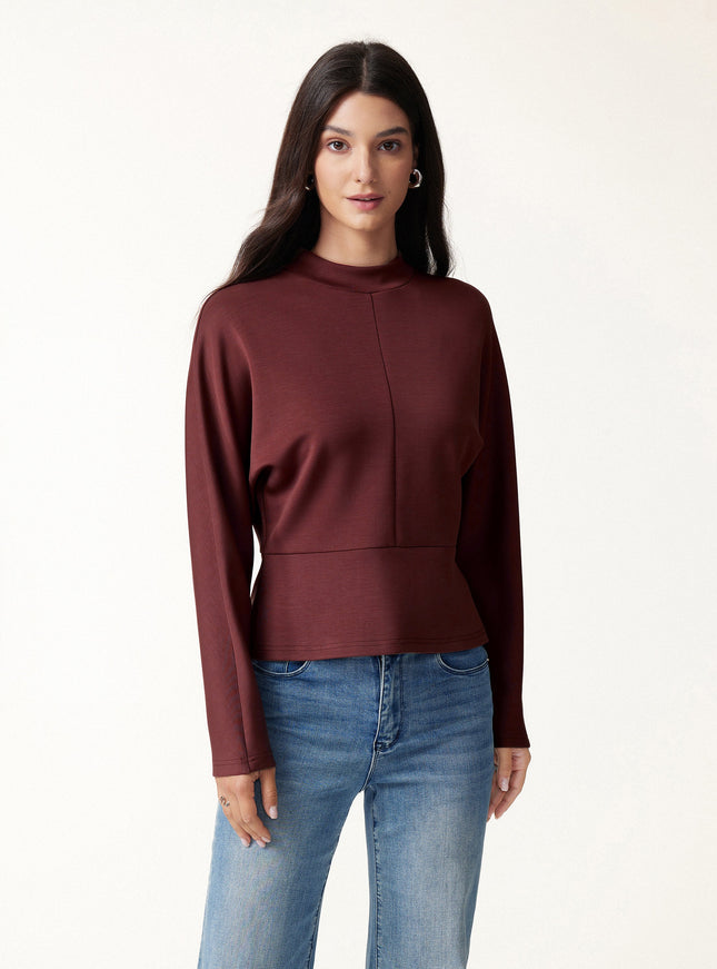 Modal Spacer Knit Mock Neck Batwing Sleeve Banded Hem Top