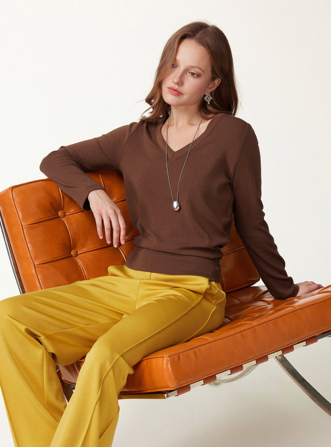 V-Neck Long Sleeve Banded Hem Top