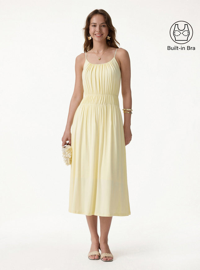 Vacay Gathered U-Neck Spaghetti Midi Built-In Bra Dress with Pockets