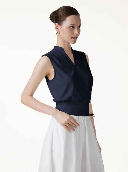 Cotton-Viscose V-neck Stand Collar Sleeveless Top