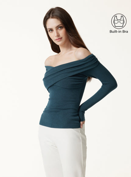 Surplice Long Sleeve Ruched Built-In Bra Top