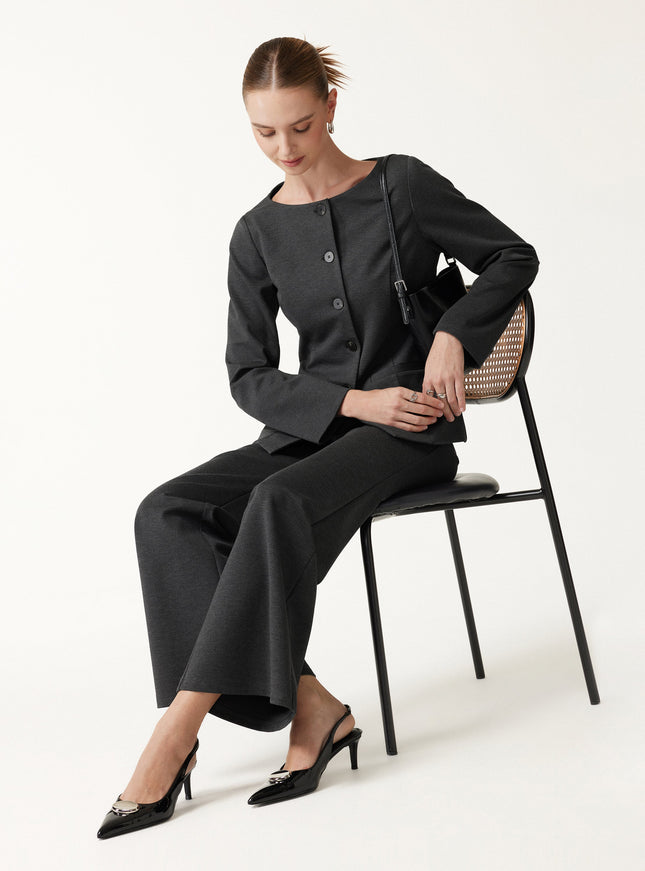 2Pcs Set Neck Long Sleeve Jacket with Pockets & Mid-Rise Wide-Leg Pants with Pockets