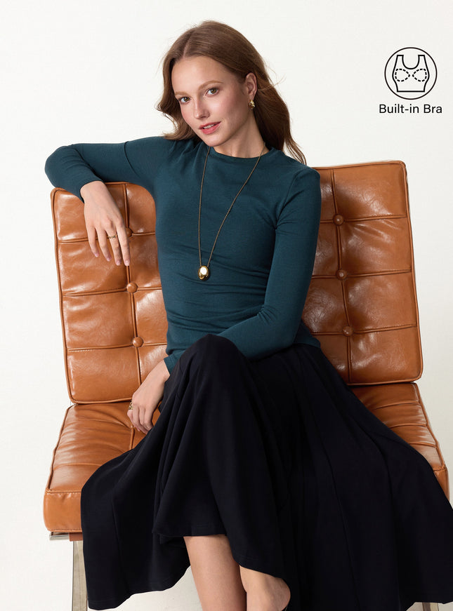 Crewneck Long Sleeve Built-In Bra Top