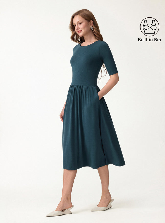 Round Neck Fit-and-Flare Midi Built-In Bra Dress with Pockets
