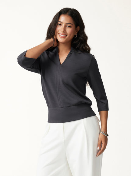Lyocell Spacer Knit V-Neck Elbow Sleeve Banded Top