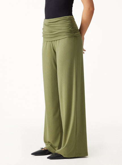2Pcs Set Boatneck Built-In Bra & Drapey Wide Leg Pull-on Pants with Pockets