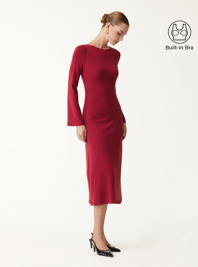 Boatneck Bell Sleeve Midi Built-In Bra Dress