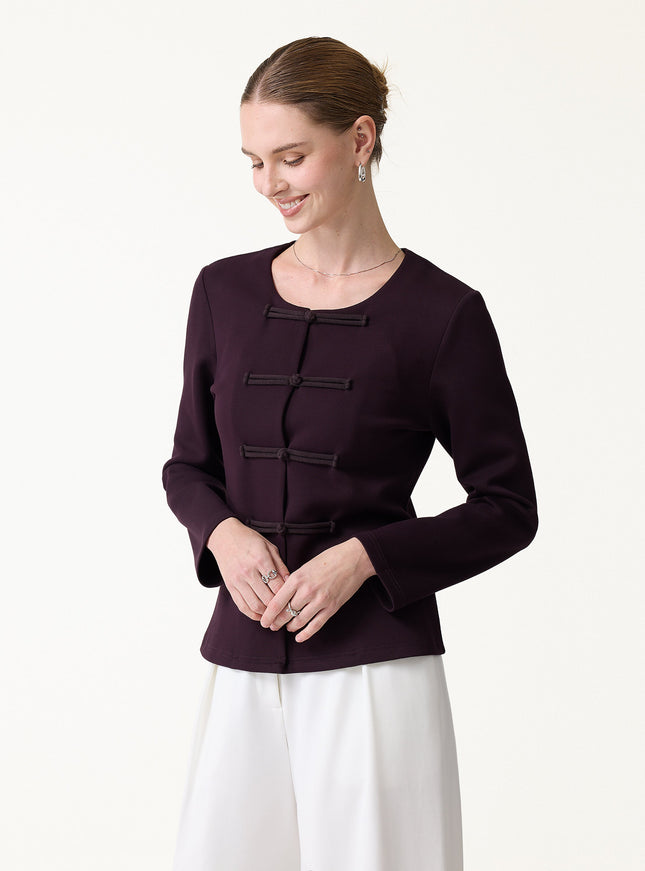 Stretch Ponte Frog-Button Round Neck Long Sleeve Jacket