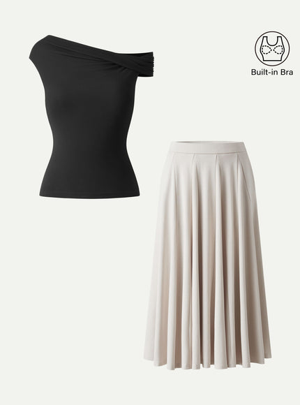 2Pcs Set Multi-wear Built-In Bra Top & Volume Skirt with Pockets