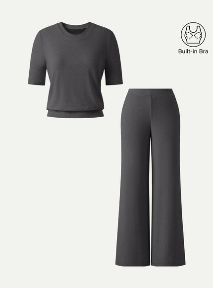 2Pcs Set Regular Mid Rise Wide Leg Pants & Crewneck Built-In Bra Top