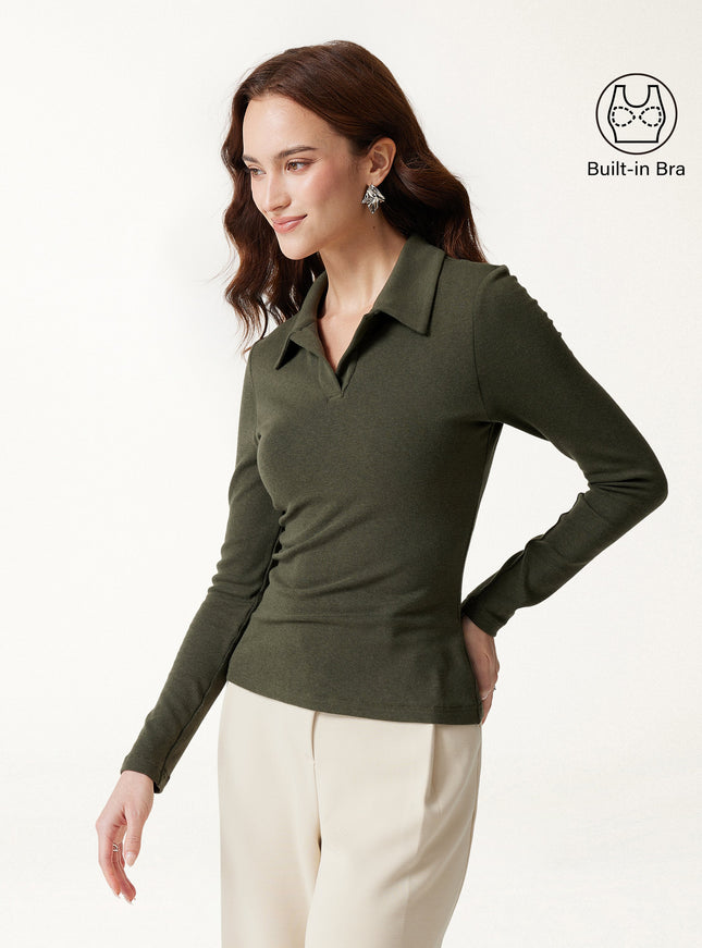 Office Staple V-Neck Lapel Long Sleeve Built-In Bra Top