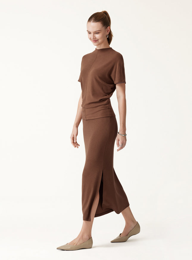 2Pcs Set Mock Neck Cap Sleeve Seamed Top & Mid-Rise Column Midi Skirt