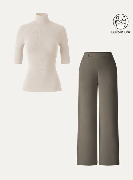 2Pcs Set Turtleneck Built-In Bra Tops & High Rise Wide Leg Pant