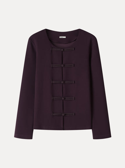 Stretch Ponte Frog-Button Round Neck Long Sleeve Jacket