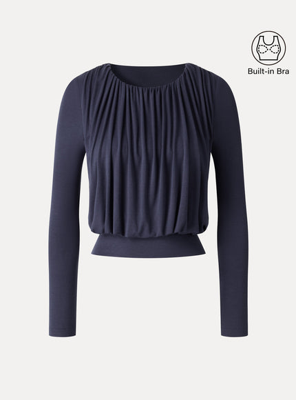 Lyocell-Wool Round Neck Long Sleeve Tucked Built-In Bra Top