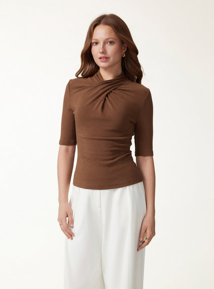 Crisscross Mock Neck Elbow Sleeve Ruched Top