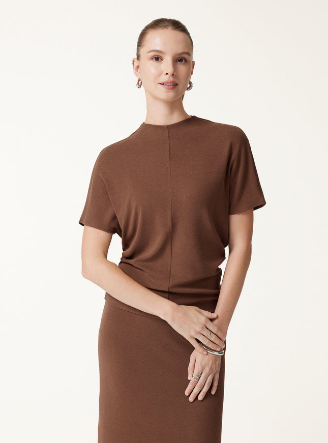 2Pcs Set Mock Neck Cap Sleeve Seamed Top & Mid-Rise Column Midi Skirt