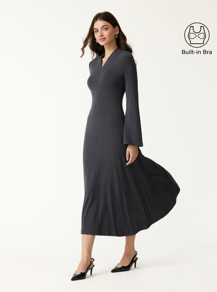 V-Neck Long Sleeve Flowy Midi Built-In Bra Dress