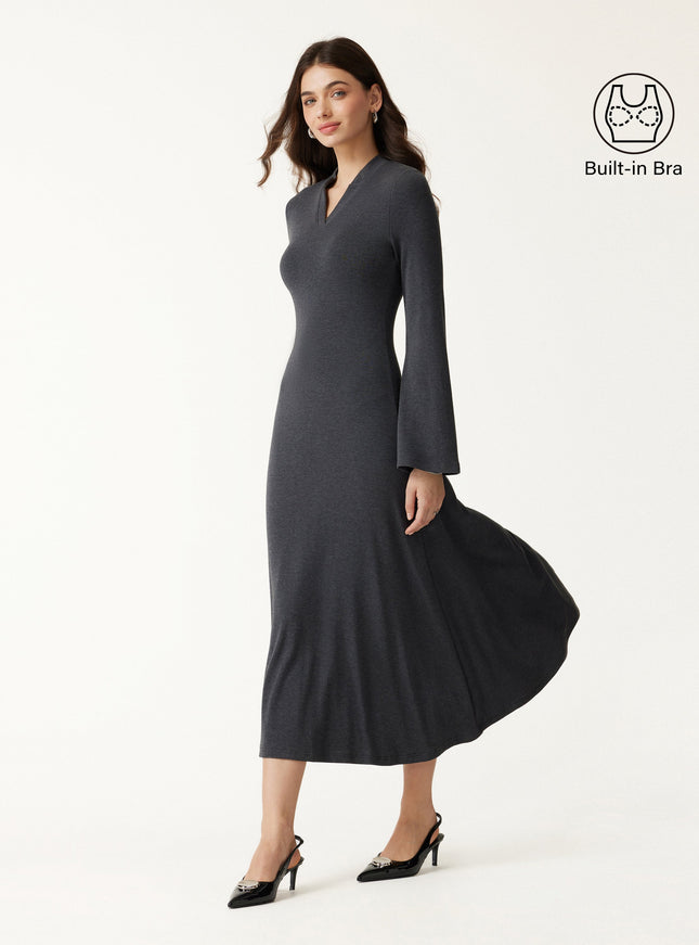 V-Neck Long Sleeve Flowy Midi Built-In Bra Dress