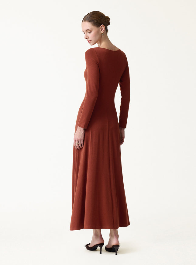 Diamond Neck Long Sleeve Drapey Maxi Built-In Bra Dress
