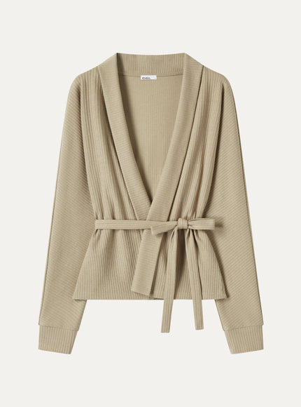 Textured Cotton Blend Lapel Belted Open-Front Jacket