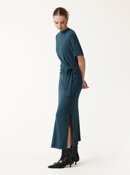 Mock Neck Elbow Sleeve Tie-Waist Midi Dress
