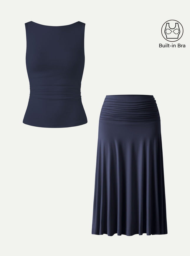 2Pcs Set Open Back Built-In Bra Tank & Side Ruched A-line Midi Skirt