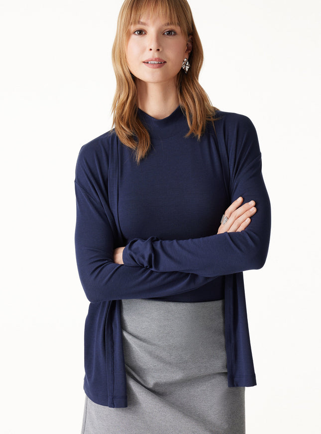 2Pcs Set Mock Neck Built-In Bra Top & Open-Front Long Sleeve Cardigan