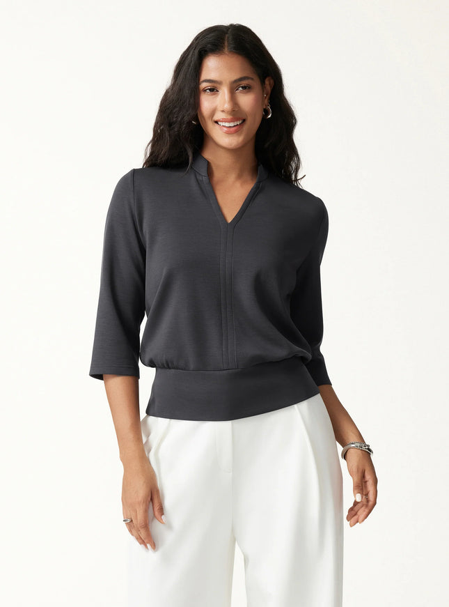 2Pcs Set V-Neck Elbow Sleeve Bam Top & High-Rise Flare Pants with Pockets