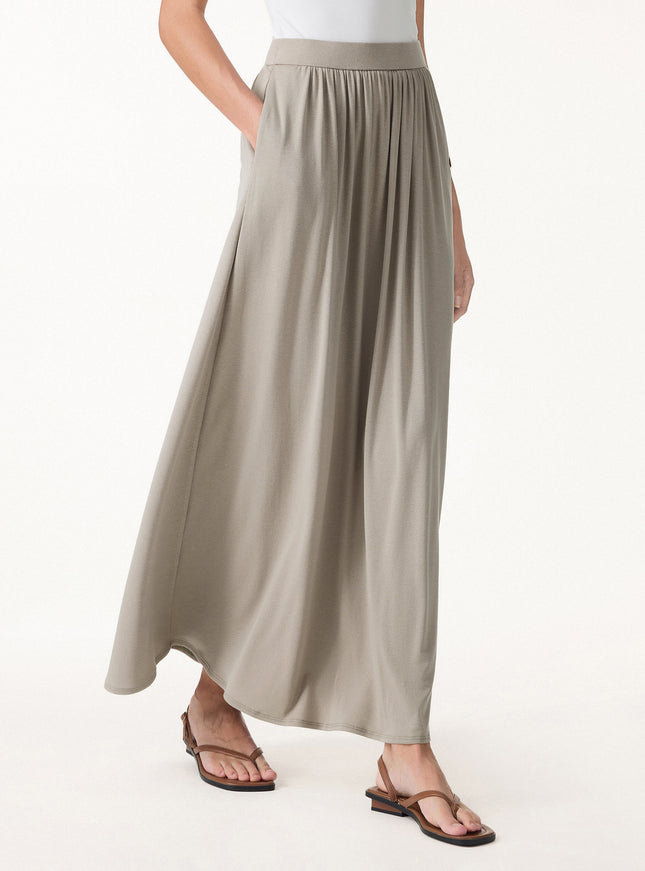 Soft Linen Knit Gathered A-Line Maxi Skirt with Pockets