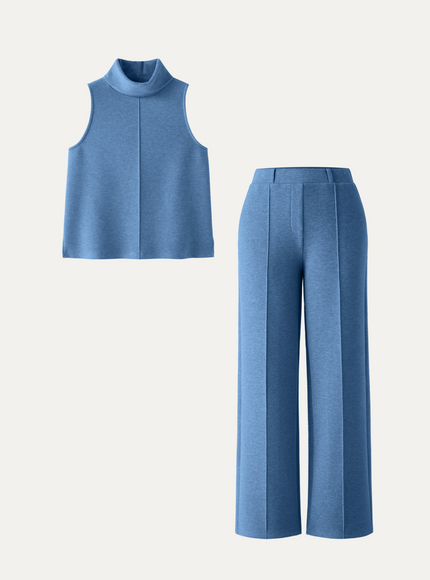 2Pcs Set Petite High Waisted Warm Straight Leg Pull On Pant & Split Hem Top