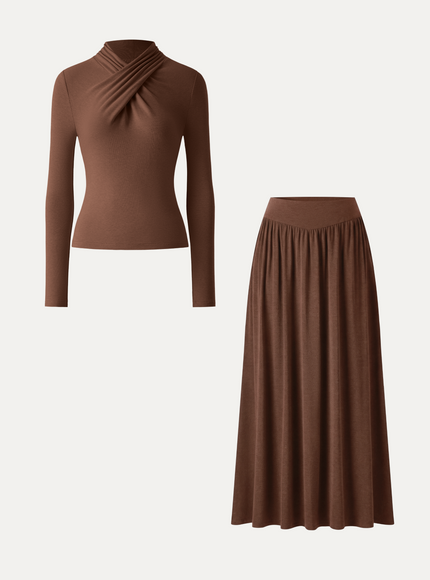 2Pcs Set Mockneck Long Sleeve Top & Mid-Rise A-Line Midi Skirt with Pockets