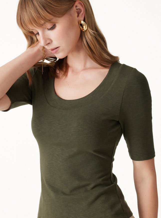 Slub U-Neck Elbow Sleeve Built-In Bra Top