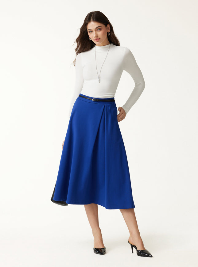 Ponte Mid-Rise Tucked A-Line Midi Skirt with Pockets