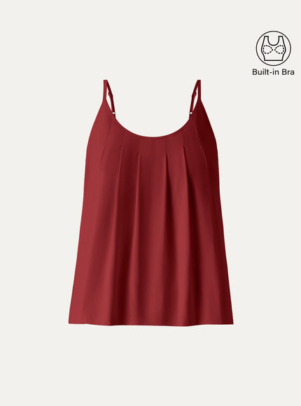U-Neck Pleated Spaghetti Built-In Bra Tank