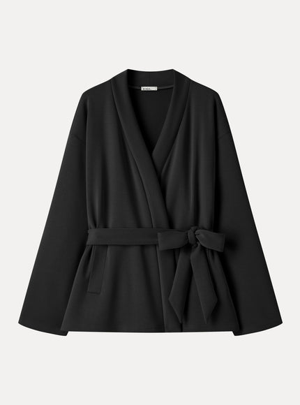 Modal Stretch Fleece Crossover Belted Wrap Cardigan Coat with Pockets