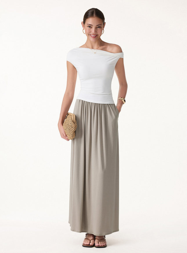 Soft Linen Knit Gathered A-Line Maxi Skirt with Pockets